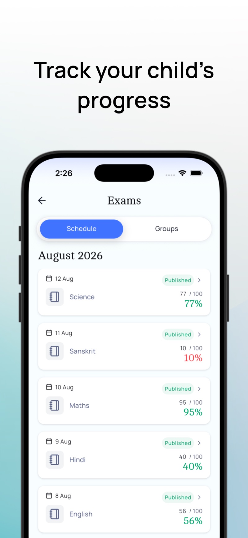 Classray exam results by subject